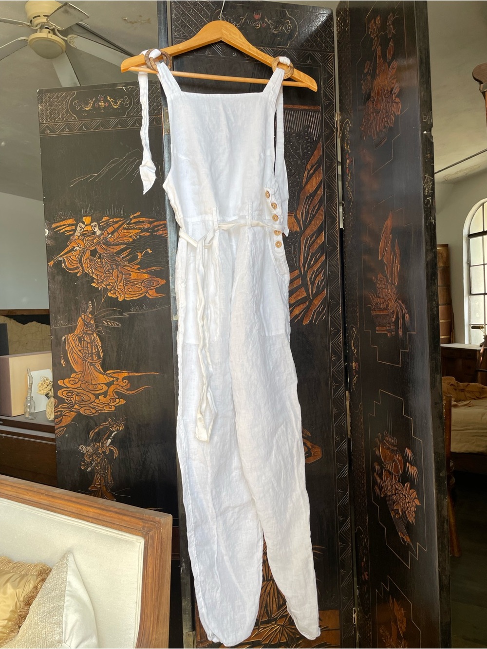 Free People White Linen Tie-Shoulder Jumpsuit